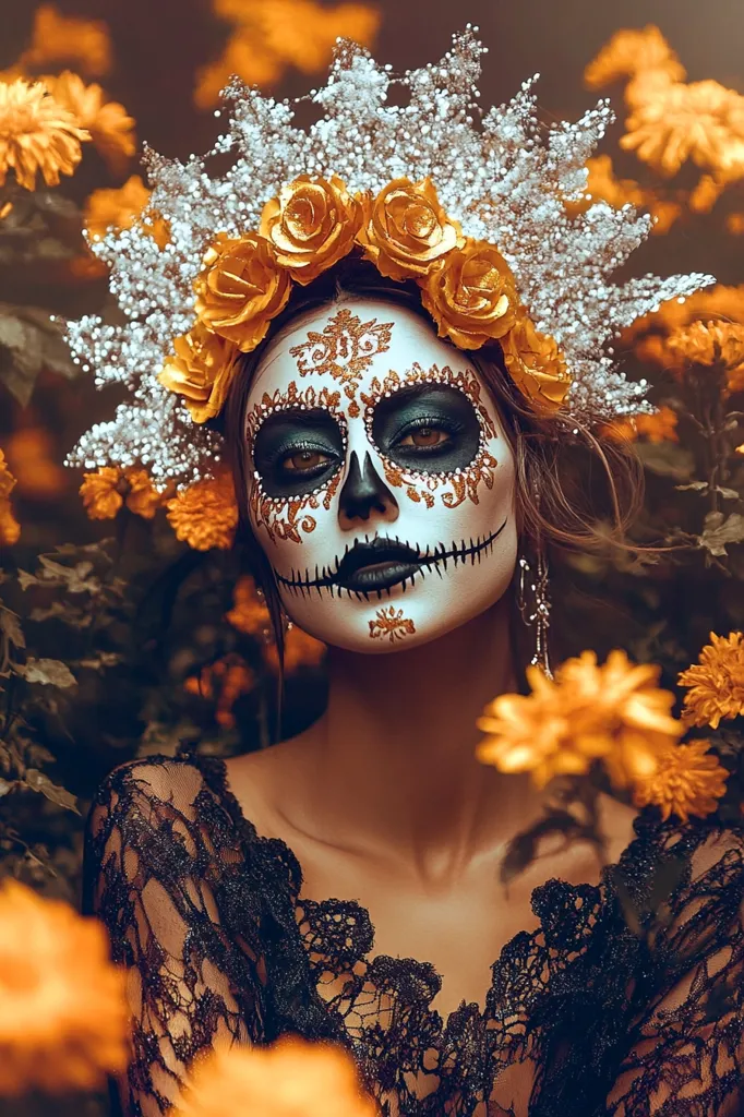 A woman with a sugar skull makeup looks directly at the camera. She wears a crown of silver glitter and yellow flowers. Her eyes are large and dark, and her lips are painted black.  She is dressed in a black lace dress.  The background is a blurry shot of yellow flowers, and the image is styled for Dia de los Muertos.