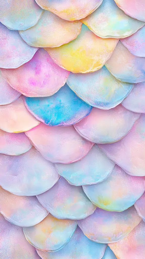 A close-up of a pattern of iridescent scales, resembling a mermaid's tail. The scales are arranged in overlapping rows, creating a shimmering effect. The colors range from soft pastels of pink, blue, and yellow to a more vibrant turquoise. The scales appear to be made of a smooth, almost glassy material, reflecting light and creating a dreamy, ethereal ambiance.