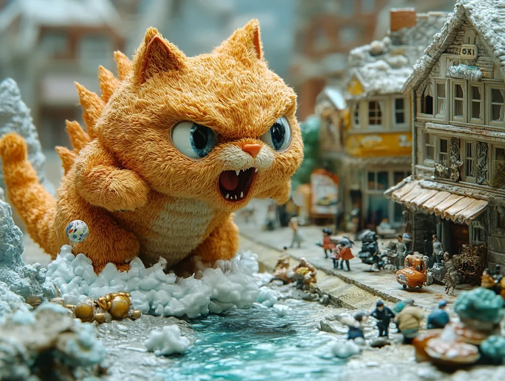 A large, fluffy orange cat with sharp claws and a menacing expression towers over a miniature cityscape.  The cat is holding a small white ball in its paw. The miniature city features detailed buildings, tiny people, and a miniature car. The scene creates a playful juxtaposition between the monstrous and the miniature.  The overall effect is whimsical and slightly eerie.