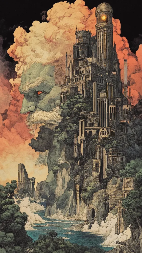 The image depicts a fantastical cityscape nestled within a towering, weathered face. The city is a complex labyrinth of stone structures, with a central tower reaching towards the sky.  A sea laps at the base of the city, shrouded in mist. The image evokes a sense of ancient power and forgotten history, suggesting a civilization that has endured the test of time.