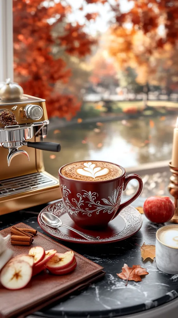 A cup of latte with a beautiful leaf design sits on a red saucer, placed on a black marble table.  Next to it are apple slices, cinnamon sticks, and a leather-bound journal,  all surrounded by scattered fall leaves.  In the background, a window with a blurry view of an autumnal scene. The picture evokes a cozy and inviting atmosphere.
