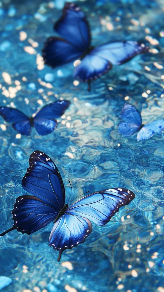 The image shows four blue morpho butterflies against a background of rippling blue water. The butterflies are in various positions, with one large butterfly in focus at the bottom of the image. The water reflects the light, creating a shimmery effect. The blue hues of the butterflies and water create a serene and captivating scene.