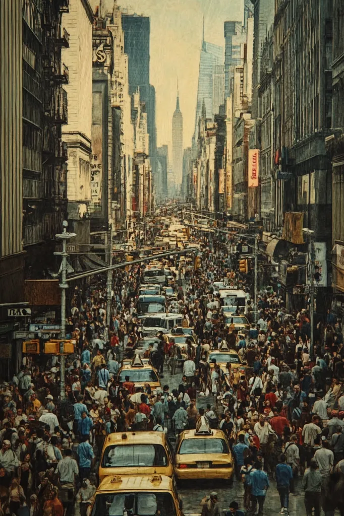 The image depicts a bustling city street, likely in New York City. Tall buildings line both sides of the street, with a glimpse of the Empire State Building in the distance. The street is packed with people, cars, and taxis, creating a sense of energy and movement. The scene captures the typical hustle and bustle of city life, with a vintage aesthetic that evokes nostalgia. The use of warm colors adds to the overall sense of vibrancy and activity.