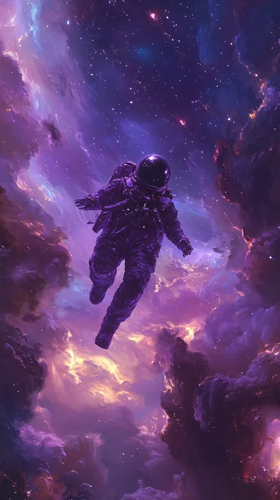 A lone astronaut floats in the vastness of space, their spacesuit a dark silhouette against a backdrop of swirling purple clouds and a sky dusted with stars. The astronaut appears weightless, arms outstretched,  as if  embracing the unknown.  The image evokes a sense of awe and wonder, the vastness of the universe and the fragility of human existence.