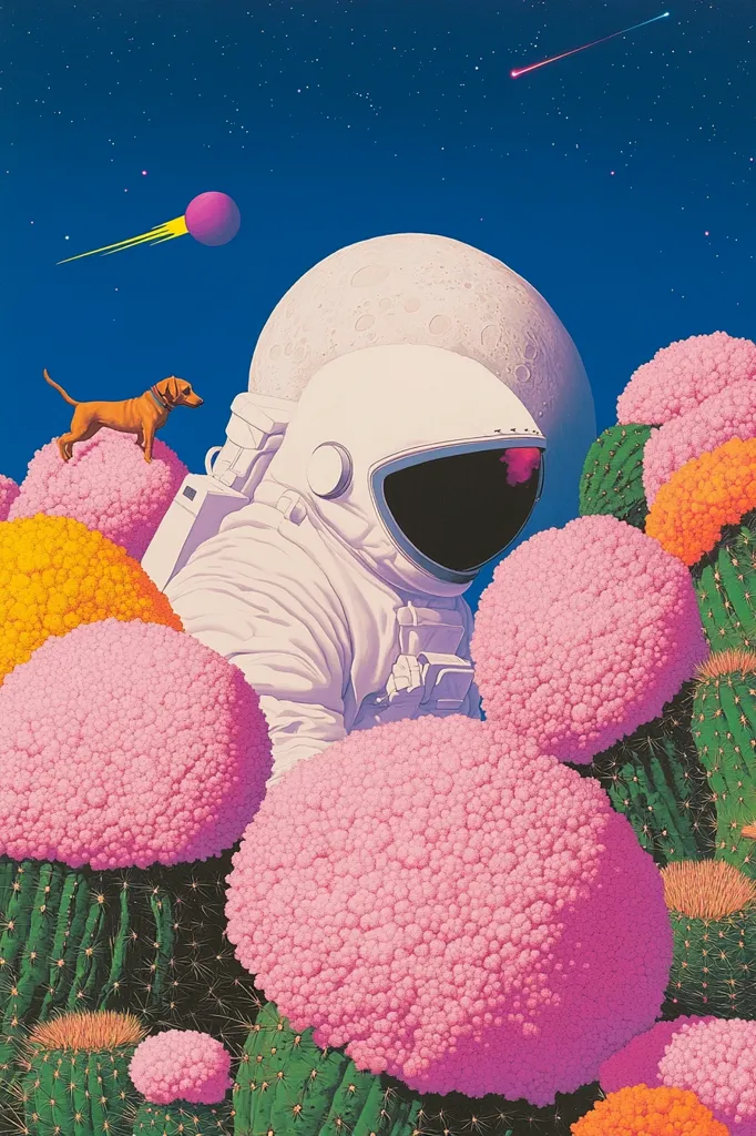 An astronaut in a white spacesuit stands in a field of pink and green cacti.  The sky is blue and dotted with stars.  A small brown dog stands on a cactus in the foreground. A pink ball hangs in the air and a shooting star streaks across the sky. The scene is surreal and dreamlike.