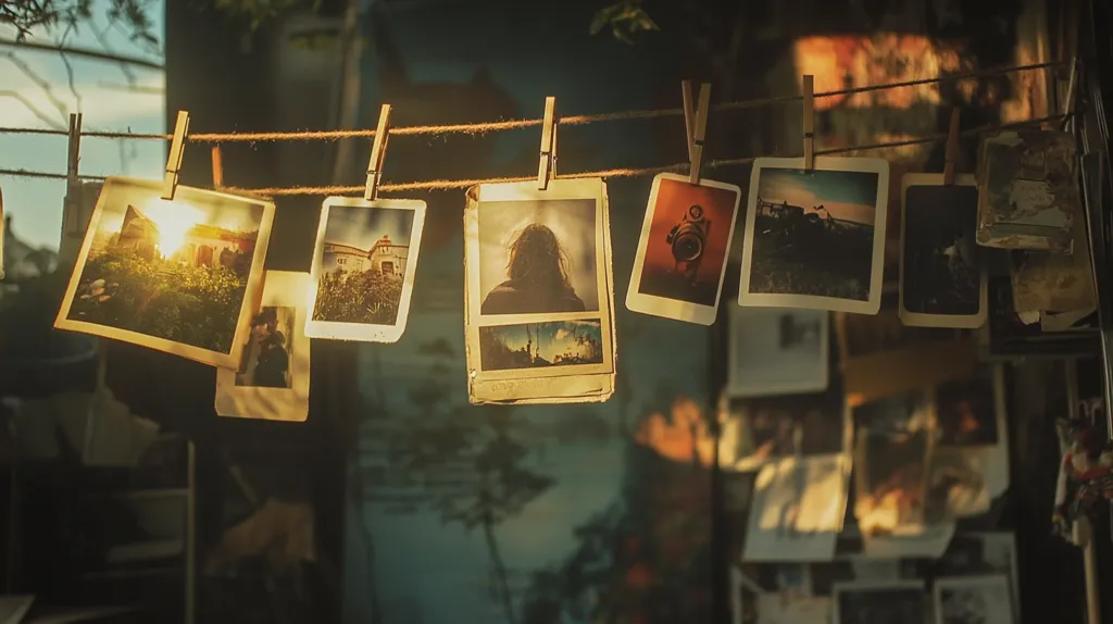 A string of old photographs hangs in front of a wall, illuminated by warm sunlight.  The photos depict various scenes, including a person standing in a field, a building with trees, and a couple standing in front of a car.  The photos are faded and worn, suggesting they are cherished memories from the past.  The image evokes a sense of nostalgia and the importance of preserving life's moments.