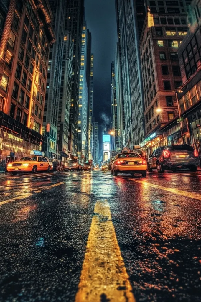 A wet street in a city at night. Tall buildings line the street, their reflections shimmering in the puddles.  A yellow taxi cab drives down the street, passing other cars and people.  The streetlights cast a warm glow on the scene.