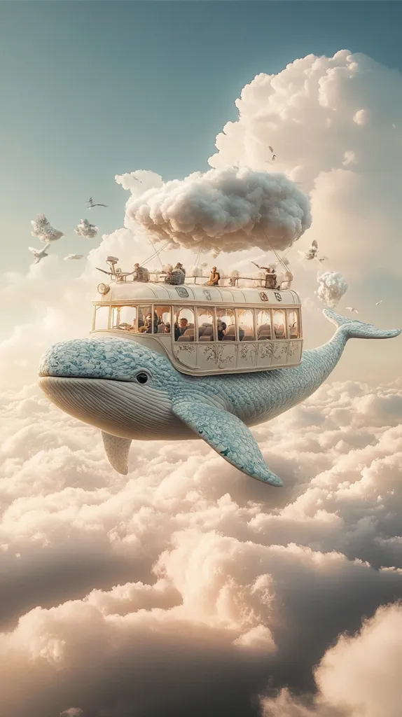 A whimsical scene depicts a large, blue whale soaring through the clouds. A vintage-style bus, with passengers on board, is perched atop the whale, suspended by a cloud. The sky is a soft blue, with fluffy white clouds creating a dreamlike atmosphere. The overall scene evokes a sense of fantasy and wonder.