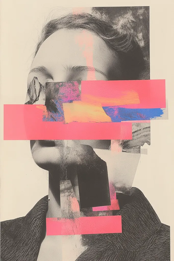 The image is an abstract portrait of a woman with her face obscured by bright pink, yellow, and blue paint. The woman's hair and clothing are visible and her eyes are closed, suggesting a sense of mystery and introspection. The background is a simple white, making the vibrant colors of the paint stand out.