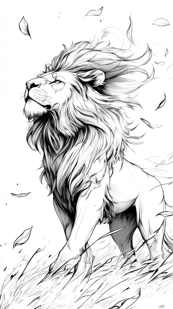 A detailed black and white drawing of a lion with a majestic mane, running through tall grass. The lion's head is turned to the side, looking upward. The mane is flowing in the wind, and leaves are blowing around the lion. The image is captured in a dynamic pose, showcasing the lion's power and grace.  The artist has used a variety of lines and shading techniques to create a realistic and captivating image.