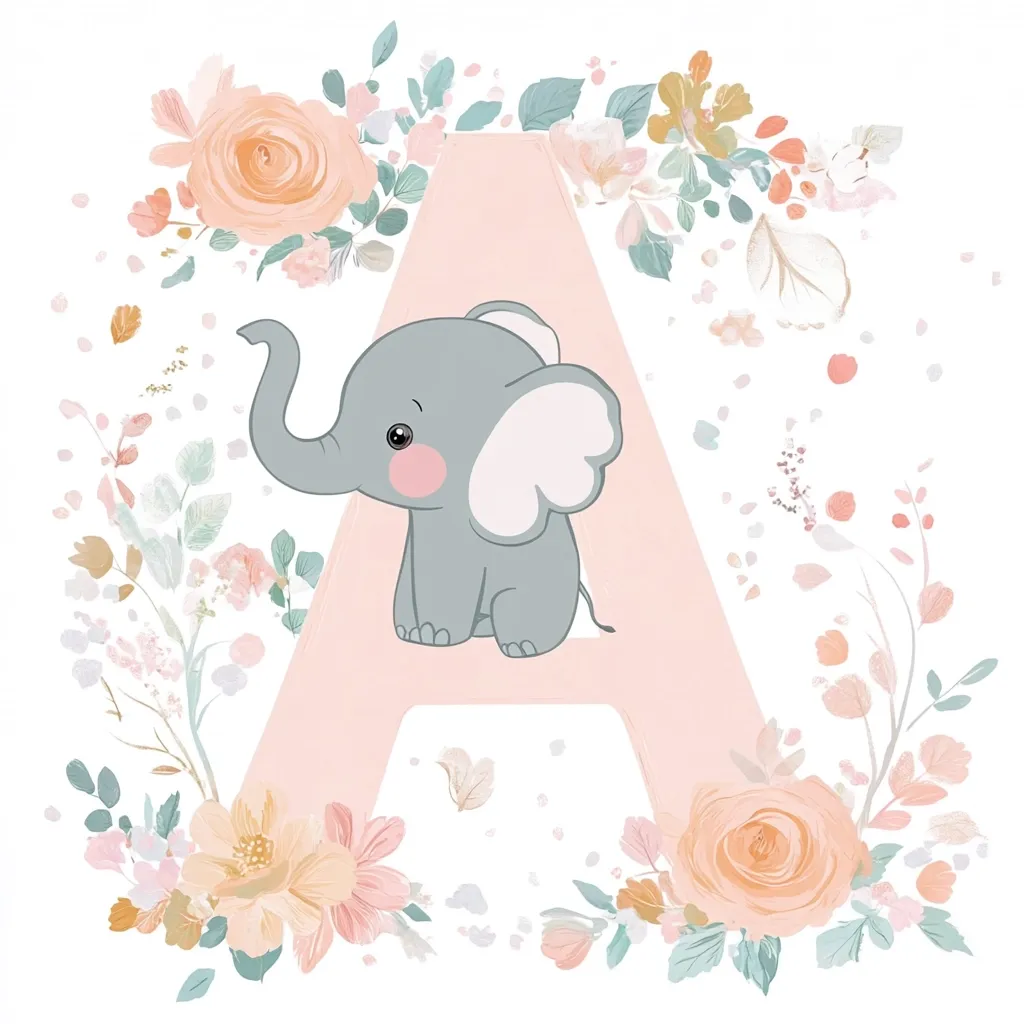 The image features a large pink letter "A" surrounded by a wreath of delicate pastel-colored flowers. A cute, gray baby elephant sits on the letter "A," looking at the viewer with a friendly expression. The background is a simple white, allowing the floral elements to stand out. The overall style of the image is sweet and whimsical, perfect for a baby girl's nursery or a special occasion card.