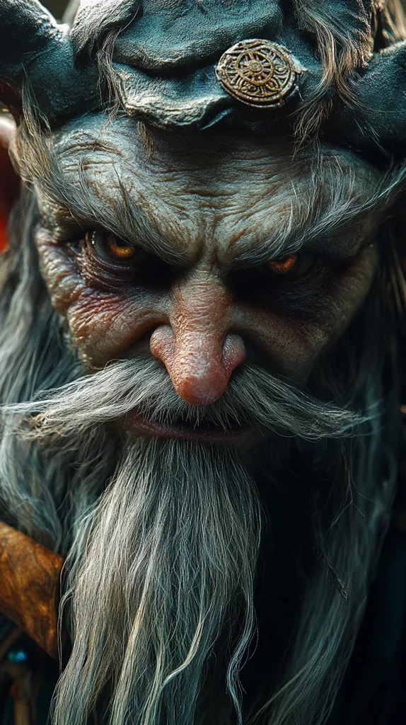 A close-up portrait of a man with a long white beard and a leather hat. He has a stern expression on his face, with piercing eyes. The image is dark and moody, creating a sense of mystery and intrigue. His large, pointed nose and the shadow around his eyes add to the enigmatic feel of the image. The texture of his skin and beard suggests a rugged and weathered life.  The image evokes a feeling of ancient wisdom and power.