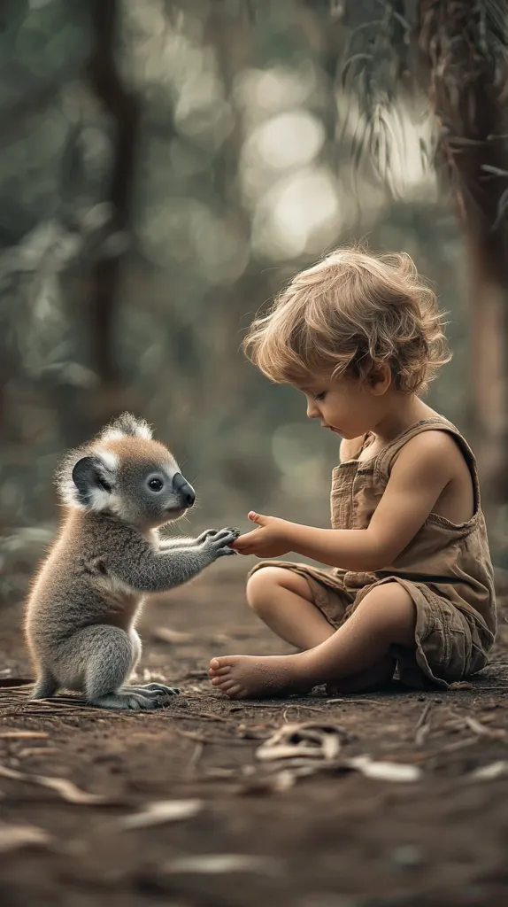 A young child with blonde hair sits on the ground in a brown outfit and reaches out to a small grey koala. The koala looks up at the child with large black eyes, and the child's expression is one of tenderness and curiosity. The background is blurred, suggesting a natural setting.  The image portrays a sweet moment of connection between a child and a wild animal.