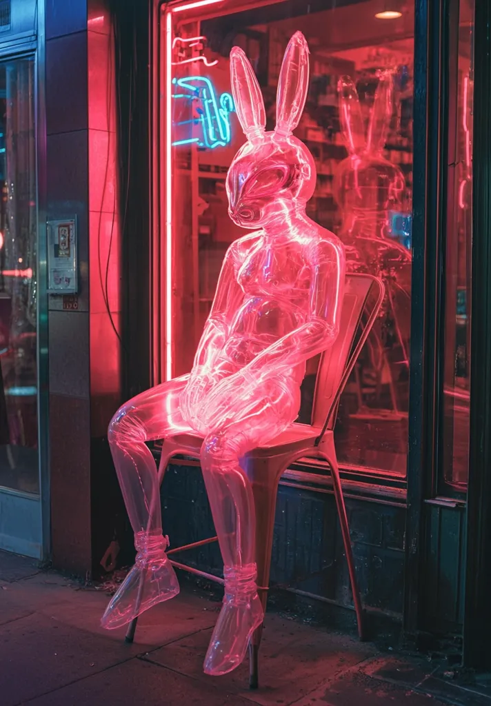 A neon-lit storefront displays a transparent, humanoid figure with rabbit ears. The figure is seated on a metal chair, and the entire scene is bathed in a warm, pink glow. The figure's form is illuminated from within, creating a captivating and ethereal effect. The glass storefront, partially obscured by shadows, adds a sense of mystery to the image. The vibrant colors and surreal subject matter create a striking and memorable visual.