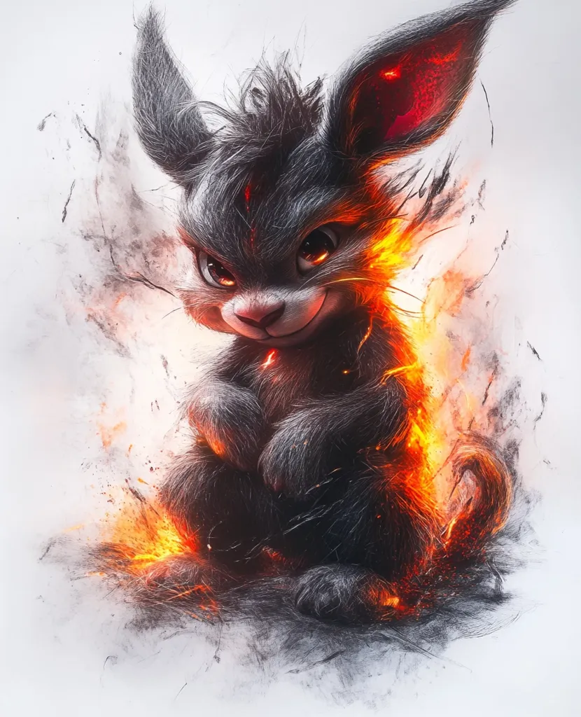 A black bunny, outlined in fire, sits with a mischievous grin. The bunny's fur is drawn in a charcoal-like style, with flickers of orange and red highlighting its form. The fire bursts around the bunny's body, creating a sense of dynamism and energy. The background is a soft white, contrasting with the fiery bunny. The image evokes a sense of playful danger and power.