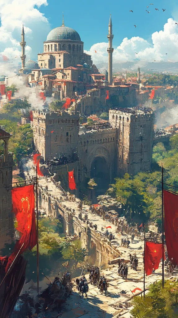 The image depicts a bustling city with a large mosque at its center, surrounded by buildings and a stone bridge filled with people and red flags. The city appears to be in a state of preparation, possibly for a religious holiday or a military campaign. The detailed architecture and bustling activity create a sense of history and cultural significance.  The image suggests a vibrant and lively atmosphere, filled with both tradition and a sense of anticipation.