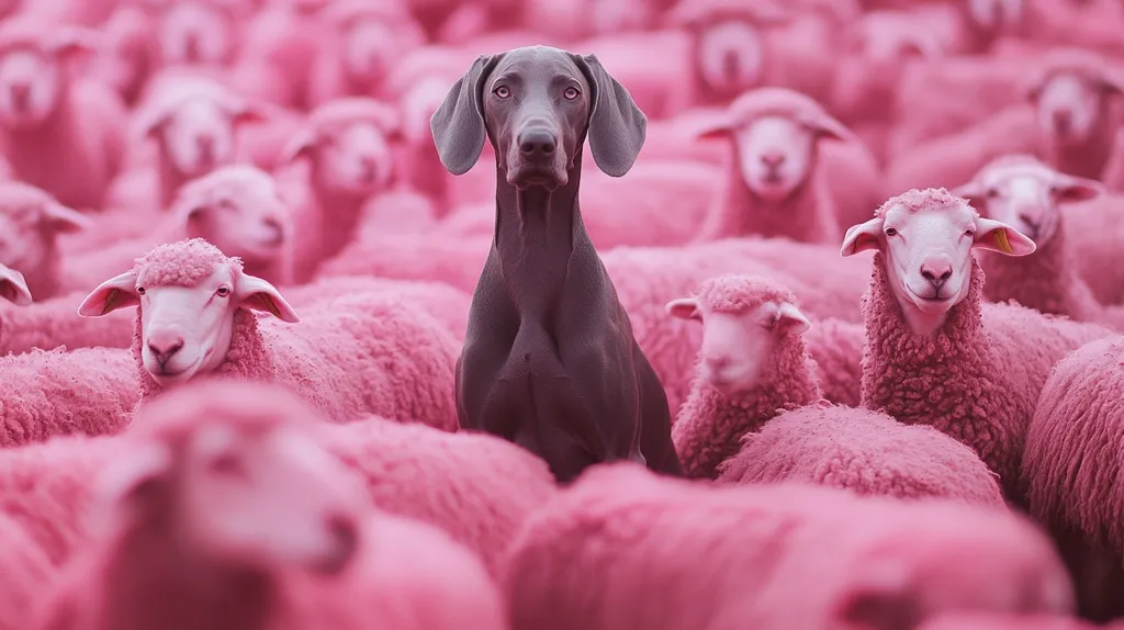 A single black dog stands out from a crowd of pink sheep. The dog is in the center of the image and is looking directly at the camera. The sheep are all pink, creating a vibrant contrast against the dog's black fur. The scene suggests a theme of individuality and standing out from the crowd.