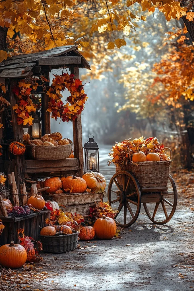 A rustic wooden stand sits in a fall landscape, overflowing with pumpkins and gourds. A wicker basket filled with fall leaves sits on a cart with wooden wheels. An orange leaf wreath hangs above the stand. The background is a hazy forest with colorful fall leaves. The scene is warm and inviting, capturing the essence of the autumn season.