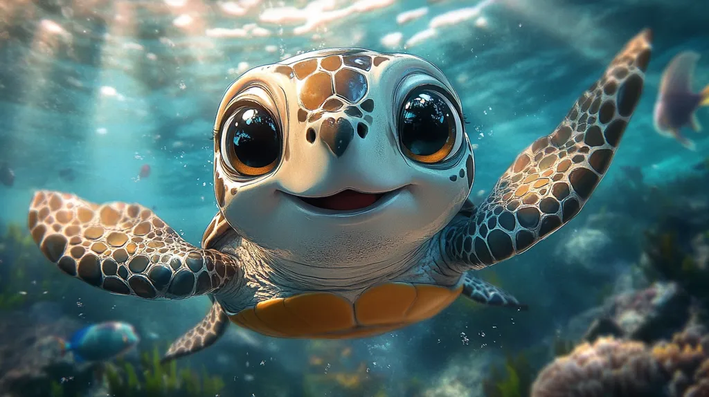 A cartoon sea turtle with big eyes and a wide smile swims towards the camera. It is underwater, surrounded by colorful coral reefs and a school of fish. The turtle's shell is a beautiful pattern of brown and black. The water is sparkling blue, with sunbeams shining through.  The image evokes a sense of joy and wonder.