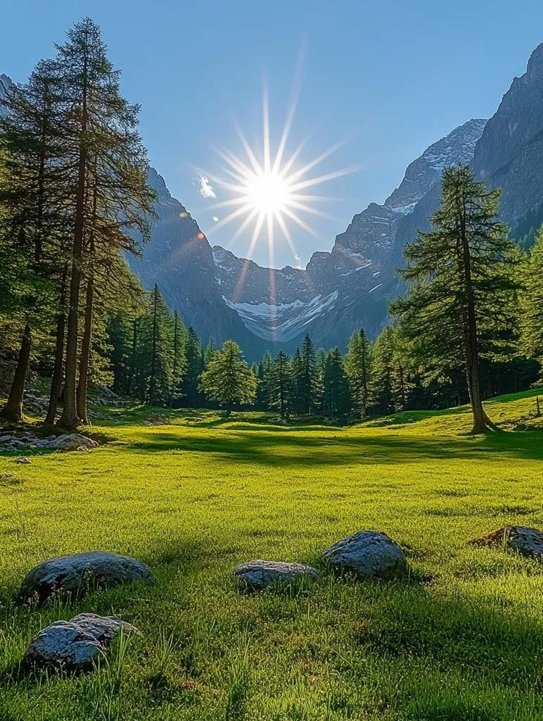 The image shows a stunning mountain landscape with a sunburst shining brightly in the sky. Green grass stretches out in front of a forest of trees, with snow-capped mountains in the background. Large boulders dot the grassy meadow. The scene is serene and peaceful, highlighting the beauty of nature.