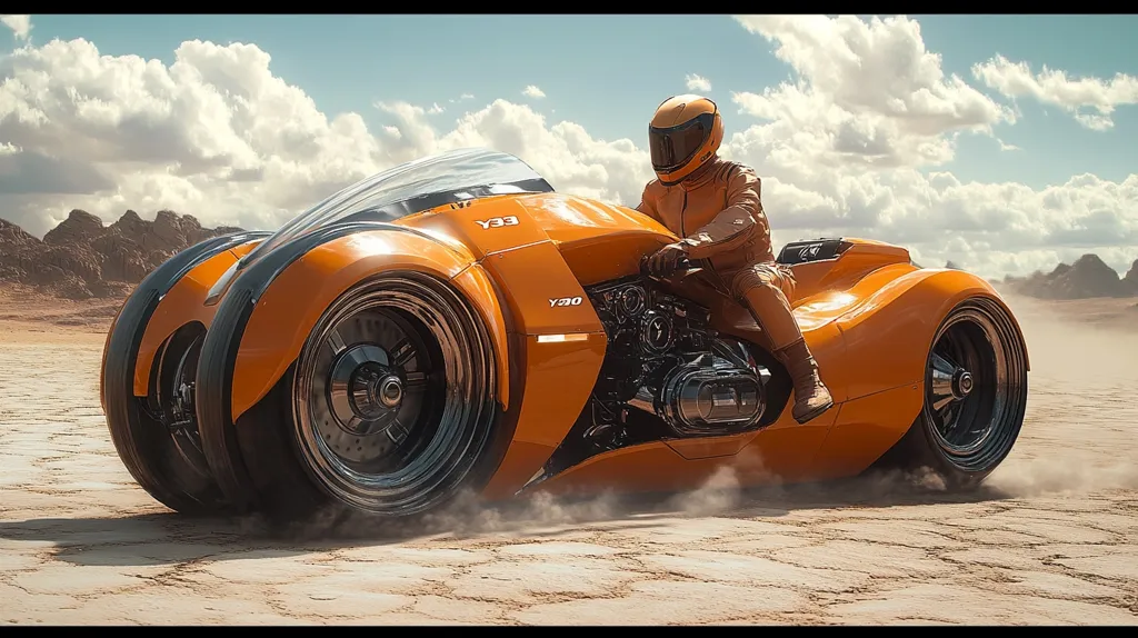 A futuristic motorcycle, painted bright orange, speeds across a desert landscape. The rider wears a matching orange helmet and suit. The bike has a sleek, aerodynamic design with large, exposed wheels. Dust kicks up behind the bike as it races across the sandy terrain. The scene evokes a sense of adventure and speed.