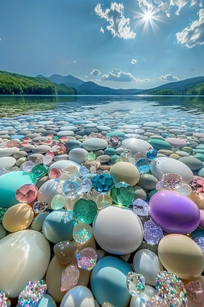 The image is of a beautiful, serene lake with smooth, white stones scattered across the surface. The water is crystal clear, and the sun shines brightly in the blue sky, casting a gentle glow over the scene. Lush green hills surround the lake, adding to the picturesque nature of the landscape. The image evokes a sense of tranquility and peacefulness, with the natural beauty of the lake and the surrounding environment.
