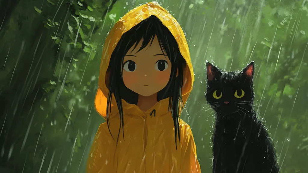 A young girl with long black hair, wearing a yellow raincoat, stands in the rain with a black cat.  The girl has large, expressive eyes and a slight frown, while the cat looks up at her with bright yellow eyes.  The rain falls steadily around them, creating a soft, atmospheric backdrop.  The scene is full of warmth and a sense of quiet companionship.