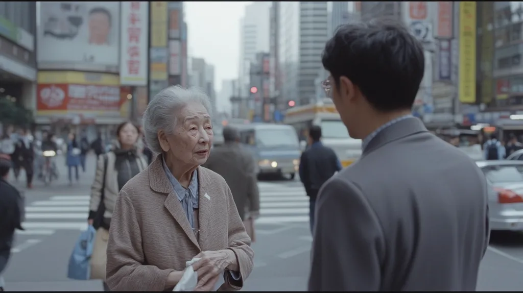 An elderly woman with gray hair, wearing a beige jacket, stands on a city street. She is talking to a young man, dressed in a gray suit, who is looking at her with concern. They are both standing on a busy street with cars and people walking by. The background is a city skyline with tall buildings and bright signs.  The image conveys a sense of quiet intimacy in a bustling urban environment.