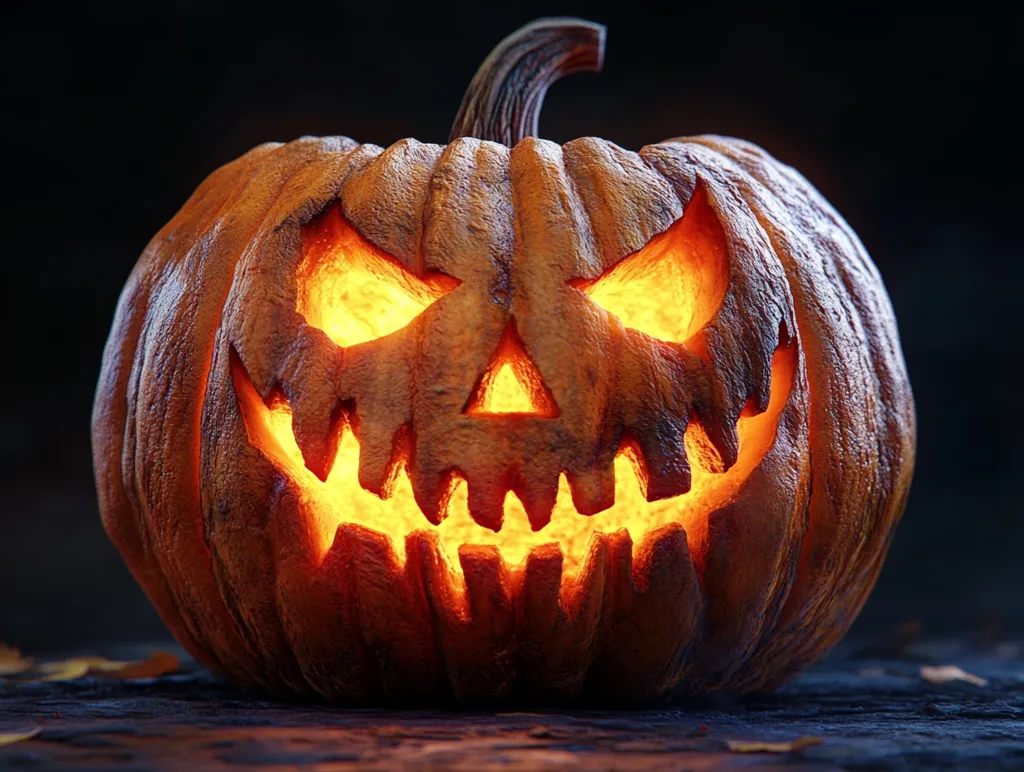 A carved pumpkin with an evil grin sits on a dark surface. The pumpkin's insides are lit, creating an eerie glow through the carved eyes, nose, and mouth. The pumpkin is a traditional Halloween decoration, representing the spooky spirit of the holiday.
