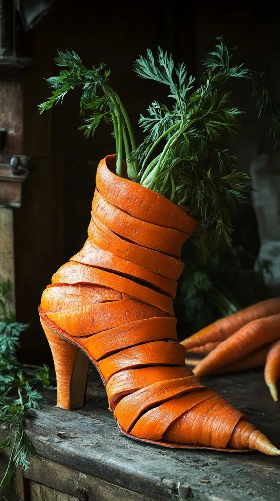 A high-heeled shoe crafted entirely from thinly sliced carrots. The shoe is a vibrant orange color and has a delicate, intricate design. It sits on a wooden surface, surrounded by fresh carrot greens. The image is a playful and creative exploration of food art, transforming a common vegetable into a stylish and unexpected object.