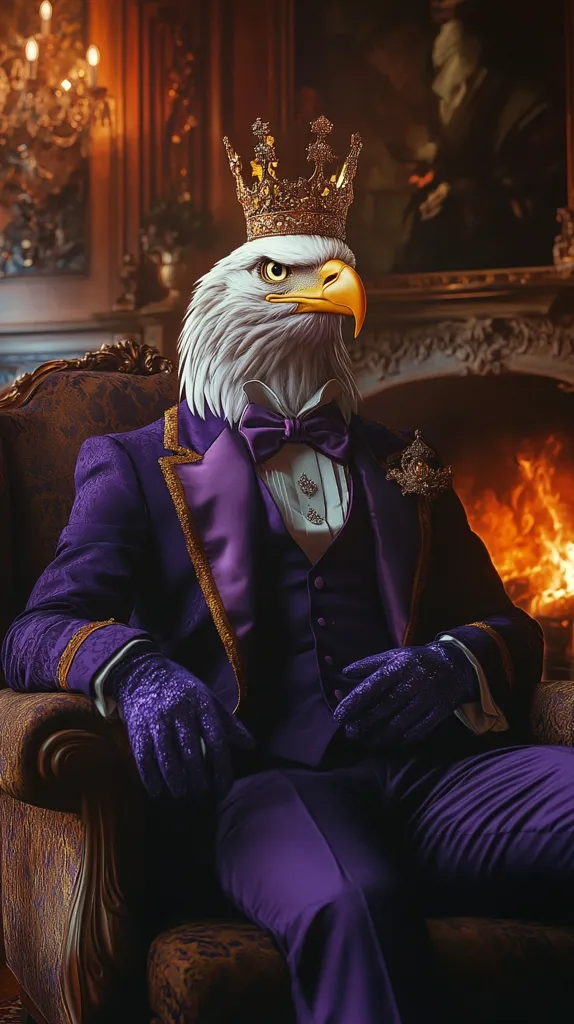 A majestic bald eagle is dressed in a lavish purple suit and a gold crown, sitting in a regal armchair. The eagle's intense gaze and poised posture convey authority and power. The  lavish setting, complete with a roaring fireplace, adds to the grandeur of the scene. The image creates a captivating blend of animal and human qualities, blurring the lines between nature and civilization.