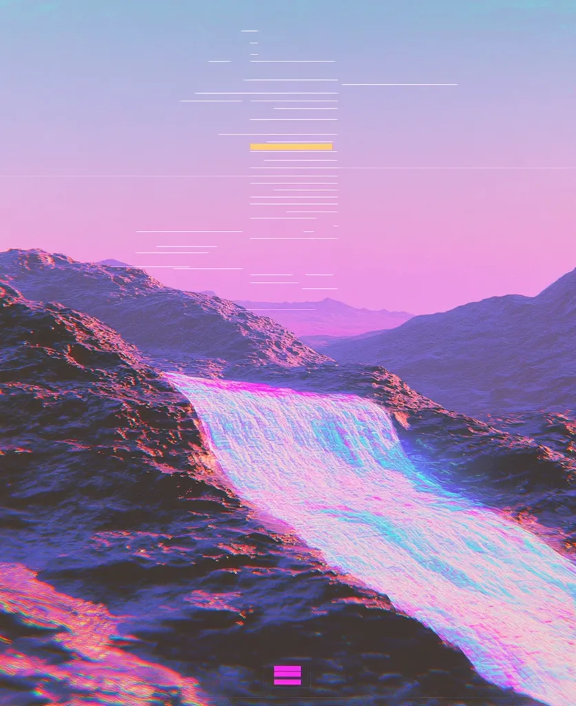 A waterfall cascades down a rocky mountainside, its water shimmering in a vibrant blue and purple hue. The sky above is a soft pink, transitioning to a pale blue at the horizon, creating a dreamy and ethereal atmosphere. The scene is enhanced with a digital glitch effect, adding a layer of abstractness and visual distortion. The overall impression is one of tranquility and wonder, as if the natural landscape has been infused with a touch of magic.