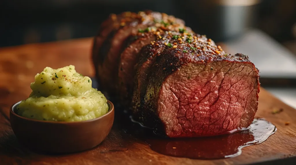 A perfectly cooked roast, with a crispy brown exterior and juicy red center, sits on a wooden board with a pool of its own juices. A small bowl of green mashed potatoes sits beside it, completing the hearty and flavorful meal. The lighting is warm and inviting, making the food look even more delicious.