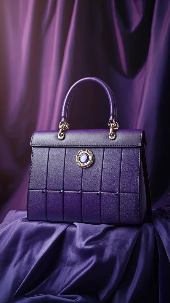 A deep purple leather handbag with gold hardware sits on a matching purple fabric backdrop. The bag has a structured shape with a quilted design and a large, circular, gold-toned emblem in the center. The fabric is subtly rippled and catches the light, highlighting the luxurious feel of the handbag.