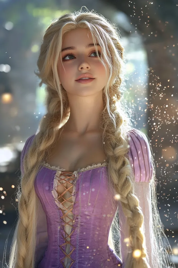A young woman with long blonde hair, styled in two braids, is dressed in a purple corset and a matching dress. She is looking upwards with a gentle expression on her face. The image is slightly out of focus, creating a dreamy atmosphere. Light sparkles are visible in the background.