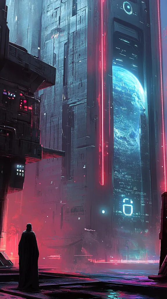 A lone figure stands in a futuristic city, bathed in pink and blue neon light. The city is composed of towering structures with sleek, geometric designs.  The figure's back is turned, gazing towards a large window in a building that displays a distant blue planet. The scene evokes a sense of mystery and wonder about the future.