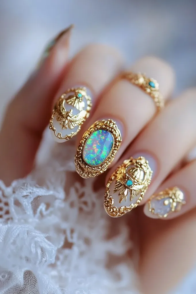 A close-up shot of a hand with intricately designed nails adorned with gold filigree and sparkling opals. The nails are painted white and the intricate gold designs create a sense of opulence and grandeur. The hand rests on a delicate white lace fabric, adding to the overall elegant and sophisticated aesthetic.