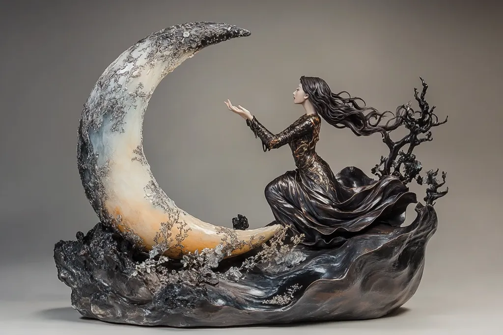 The sculpture depicts a woman with long flowing hair, wearing a flowing gown, standing on a crescent moon. The woman's hand is outstretched as if reaching for something. The sculpture is made of bronze and has a dark and mysterious feel. The woman's expression is one of longing or yearning. The sculpture is very detailed and lifelike, with intricate details in the woman's clothing and hair. The crescent moon is also very detailed and realistic. The sculpture is a beautiful and evocative work of art.
