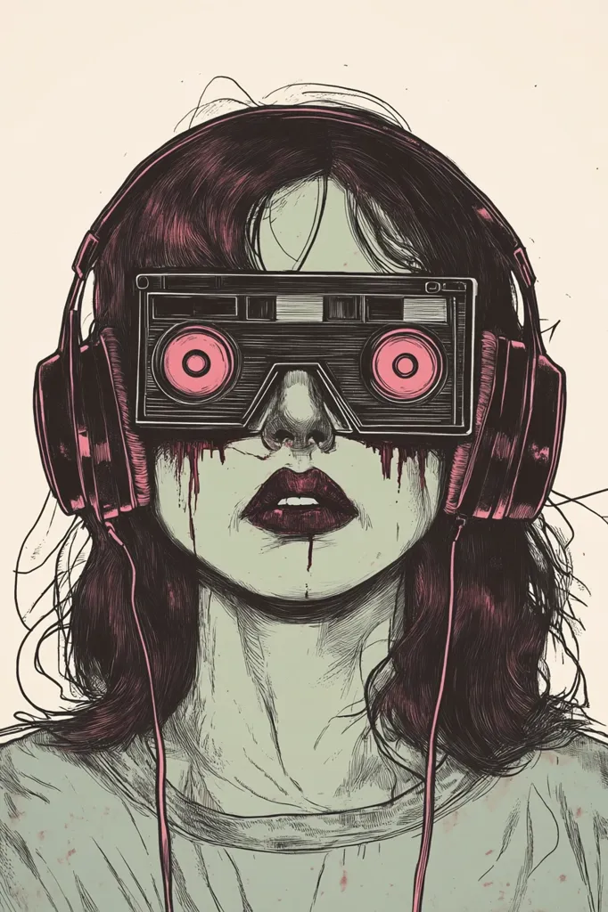 A woman with long, dark hair wears headphones and large, black goggles with pink speakers.  Her face is drawn in a realistic style, and her expression is somber. There are red streaks on her face, resembling tears or blood. She appears to be in a state of sadness or distress.  The illustration is rendered in a gritty, graphic style, with stark contrasts between light and dark.