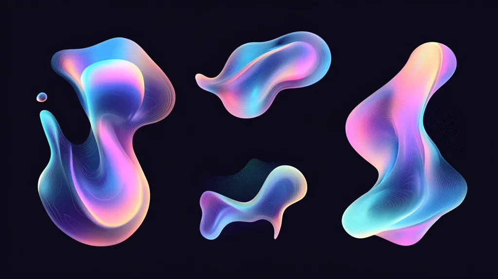 The image features four abstract, biomorphic shapes against a dark background. The shapes are rendered in a gradient of blue, pink, and purple hues, with subtle lines and textures giving them a fluid and organic feel. Their irregular outlines suggest a sense of movement and dynamism. The combination of colors and shapes creates a visually captivating and abstract composition.