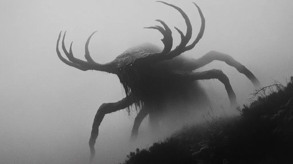 The image shows a monstrous creature, resembling a spider with large, antler-like appendages. It is shrouded in mist, creating a sense of mystery and fear. The creature's silhouette is stark against the hazy background, highlighting its imposing size and menacing presence. Its long limbs and sharp horns suggest it is both powerful and dangerous. The overall atmosphere of the image is dark and unsettling, hinting at a lurking threat within the fog.