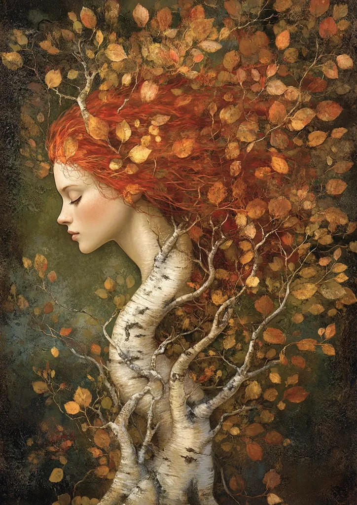 The painting depicts a woman with flowing red hair intertwined with the branches of a birch tree. The leaves are a mix of golden and orange, suggesting autumn. The woman's eyes are closed, conveying a sense of peace and tranquility. The white bark of the birch tree contrasts beautifully with the warm colors of the leaves and her hair. The overall effect is one of serenity and connection with nature.