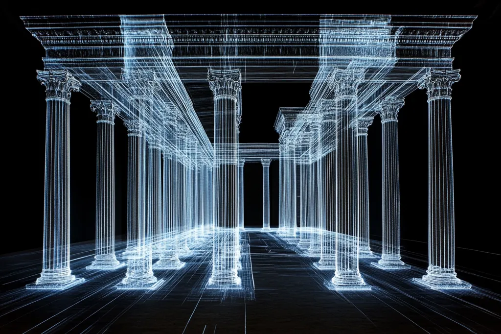A wireframe rendering of a classical Greek temple with a series of pillars and an open roof. The structure is luminous white and appears to be floating in a dark void. The lines of the wireframe are visible throughout the entire building, creating an ethereal and abstract representation of architecture. The image suggests a sense of both power and fragility.