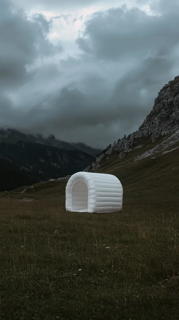 A white, inflatable, semi-circular structure sits alone on a grassy hillside against a backdrop of rolling mountains and a cloudy sky. The structure is positioned in the center of the frame and appears to be a portable shelter. The image captures a sense of solitude and minimal design. The overcast sky adds a sense of mystery to the scene.