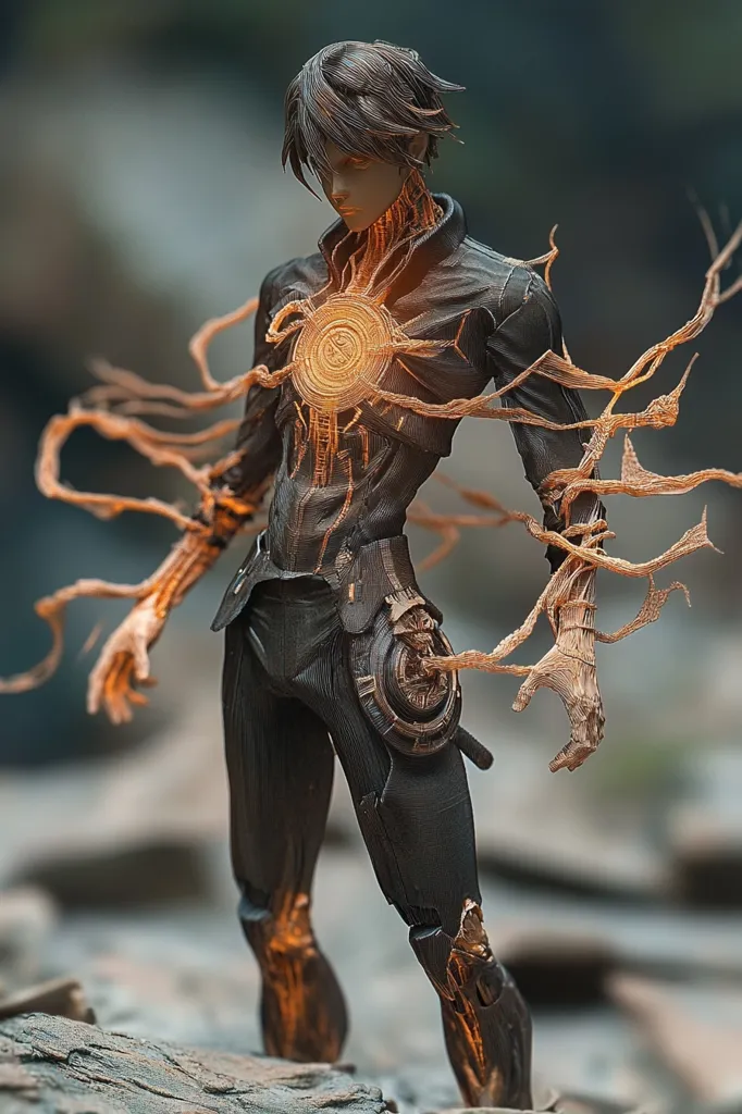 A close-up of a detailed action figure in a futuristic and stylized design. The figure is standing on a rocky surface, with a glowing circular design on its chest. The figure's arms and legs are made of metallic material, and it has a dark, stylized appearance. It appears to be a character from a fantasy or science fiction setting.