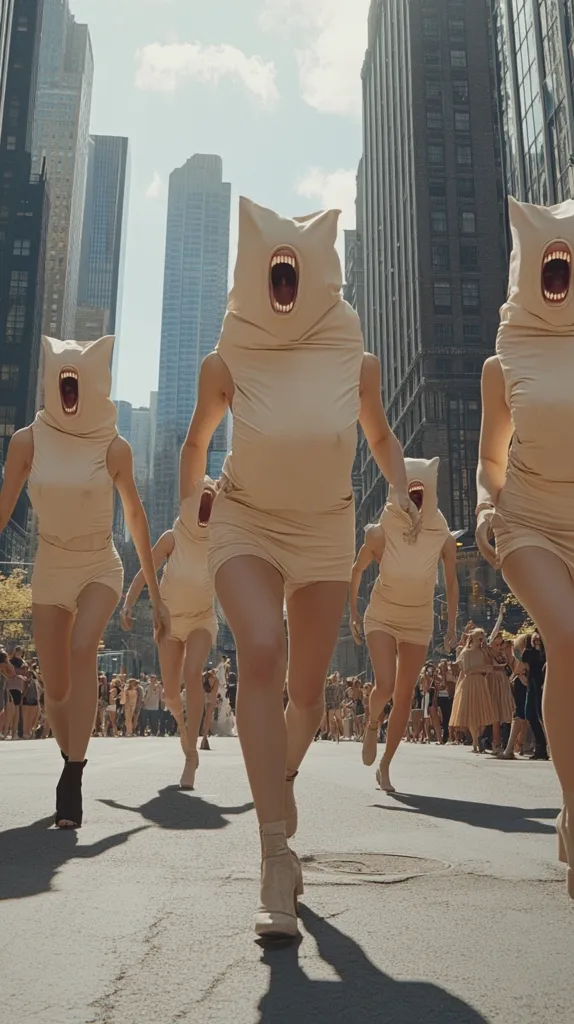A group of people wearing beige, skin-toned masks and dresses walk down a city street, their mouths wide open in a silent scream. They are surrounded by a crowd of spectators, many of whom are wearing similar clothing. The city skyline and the bright sunlight create a stark contrast to the surreal and unsettling nature of the scene. The image suggests a sense of unease and a possible social commentary on conformity and anonymity.