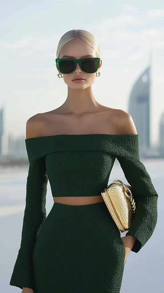 A woman with blonde hair and green sunglasses is wearing a green off-the-shoulder crop top and skirt. She is holding a gold clutch bag in her hand. She is standing in front of a white background with a blurred building in the distance. The photo is taken at a slightly low angle, and the woman is looking at the camera.  The outfit and pose give off a confident and chic vibe.