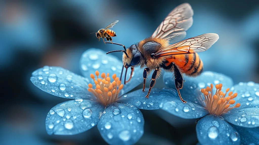 A large bee with orange and black stripes, with clear wings, stands on a delicate blue flower. The flower has a bright orange center and is covered in dew drops.  A smaller bee, with a fuzzy yellow body and darker wings, hovers above. The background is a soft blue blur. The image is a close up shot that captures the intricate details of the flower and the bees.