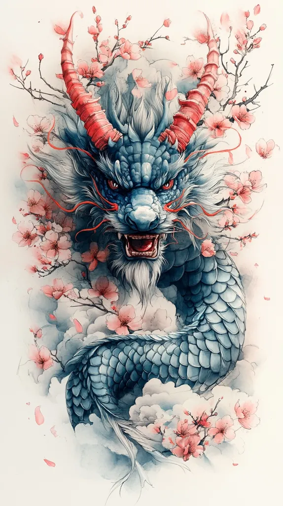 A blue dragon with red horns is depicted in a watercolor style. Its sharp teeth and fierce eyes are visible. The dragon is surrounded by delicate pink blossoms and wispy clouds, creating a contrast between power and beauty. The artwork captures the traditional imagery of the dragon, symbolizing strength and good fortune.