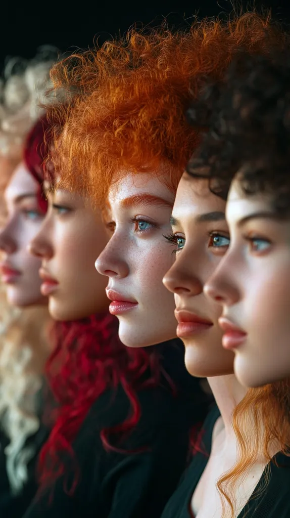Four women with different hair colors are close together, their faces lined up in a row. They are all looking at the camera with a serious expression. The woman with the red hair is in focus, while the others are blurred. Their hair colors create a beautiful contrast.  The image portrays a sense of unity and shared experience.